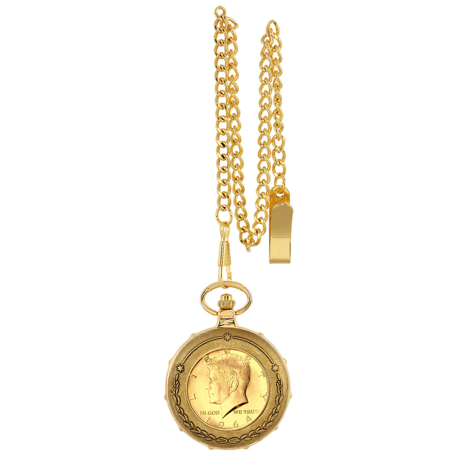 Gold-Layered JFK 1964 First Year of Issue Half Dollar Goldtone Train Coin Pocket Watch with Skeleton Movement Image 1