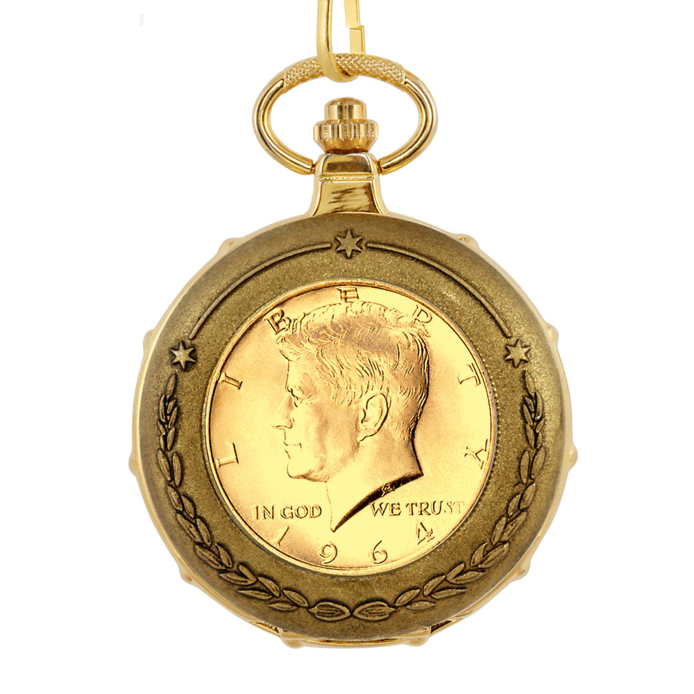 Gold-Layered JFK 1964 First Year of Issue Half Dollar Goldtone Train Coin Pocket Watch with Skeleton Movement Image 2