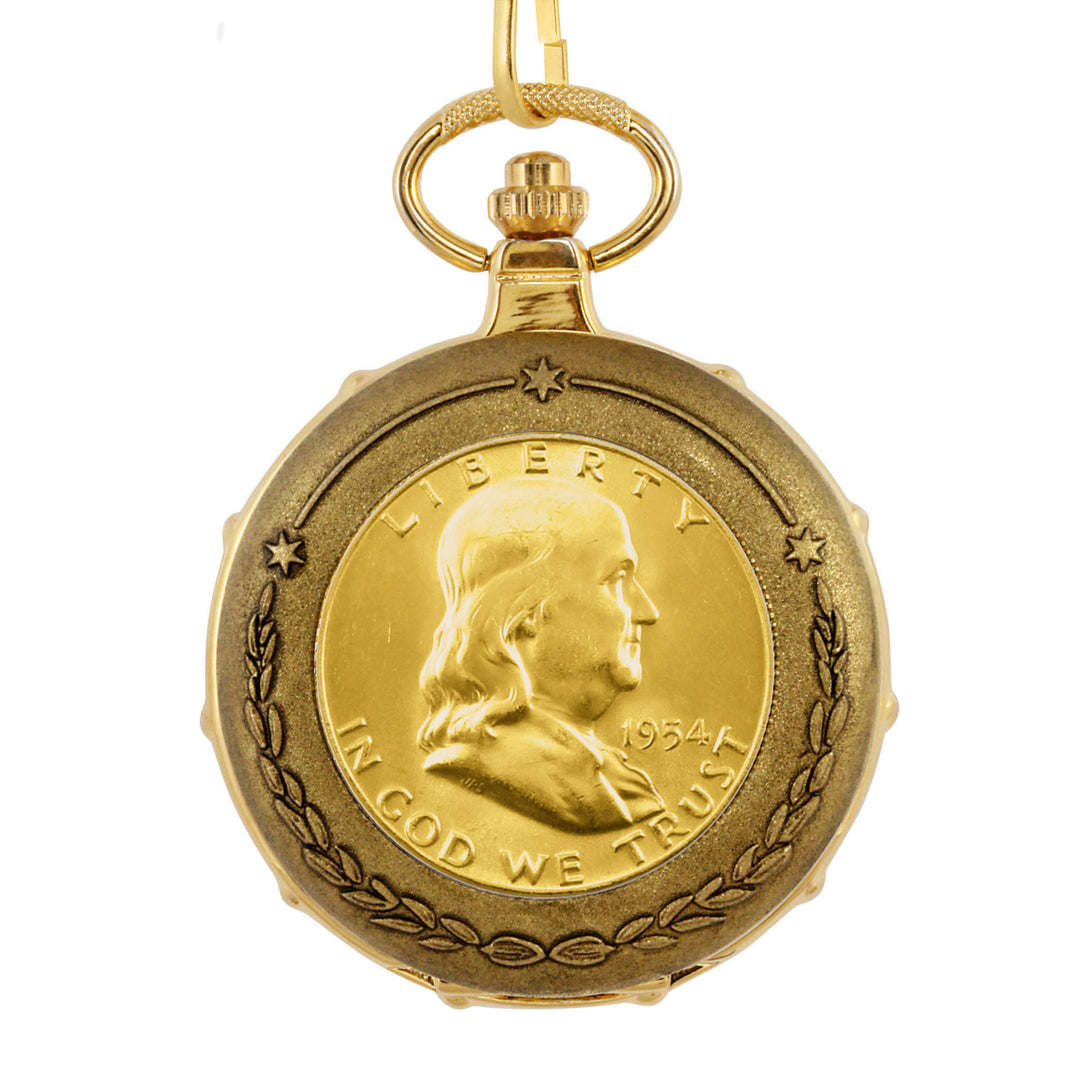 Gold-Layered Silver Franklin Half Dollar Goldtone Train Coin Pocket Watch with Skeleton Movement Image 2