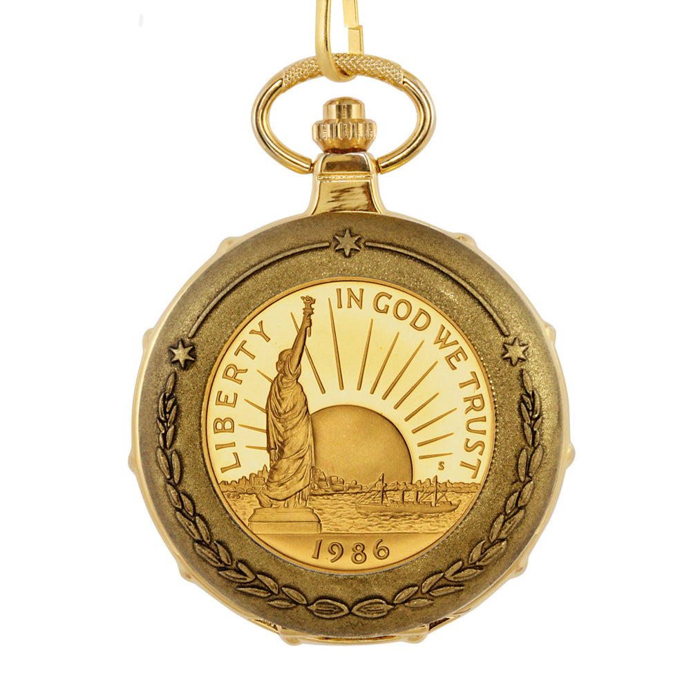 Gold-Layered Statue of Liberty Commemorative Half Dollar Goldtone Train Coin Pocket Watch with Skeleton Movement Image 2