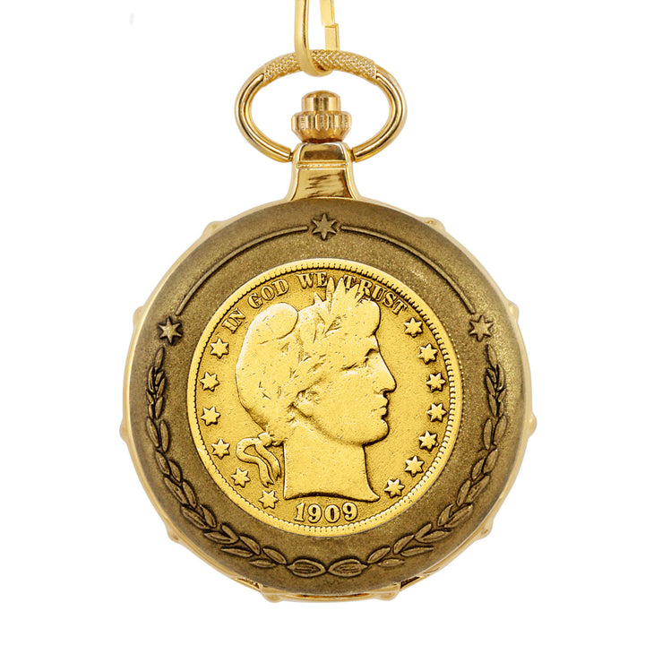 Gold-Layered Silver Barber Half Dollar Goldtone Train Coin Pocket Watch with Skeleton Movement Image 2