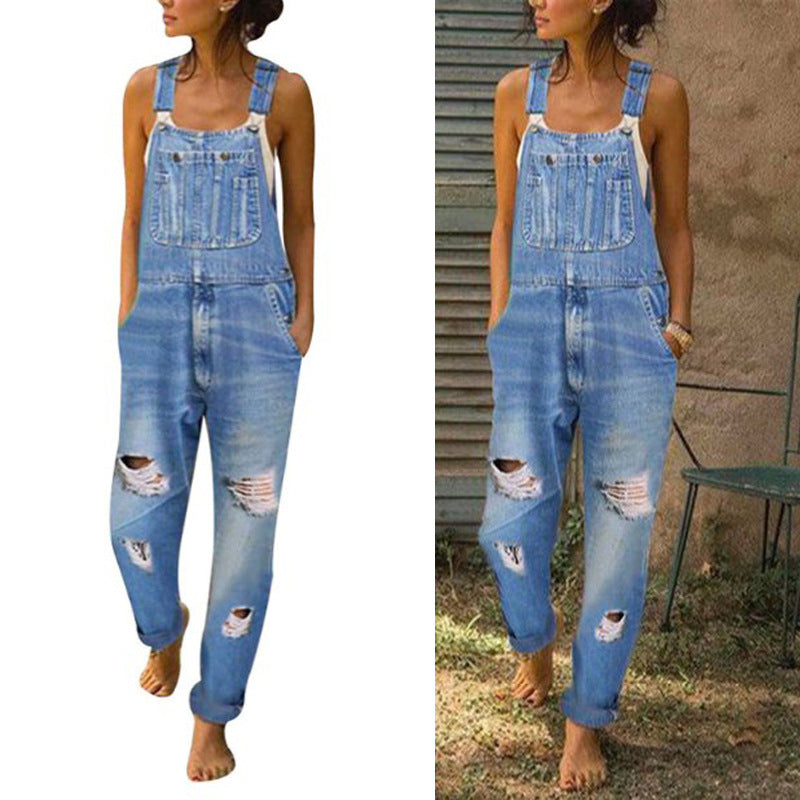Womens Mid-Rise Ripped Denim Overalls Image 1