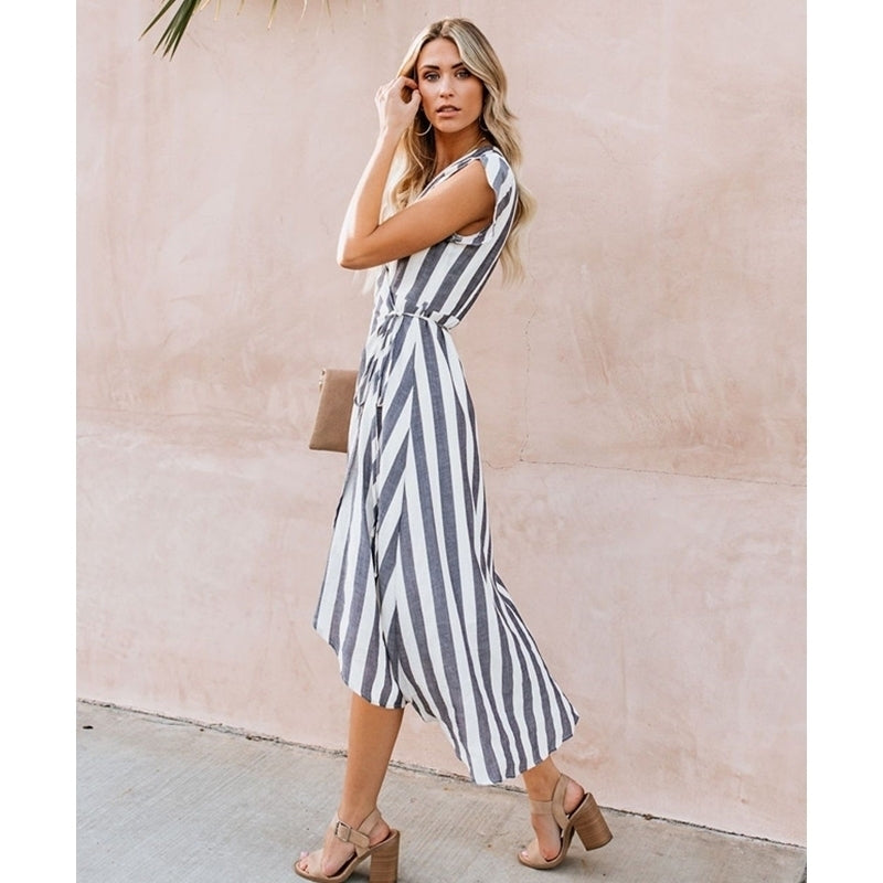 Womens Striped Long V-neck Dress Image 4