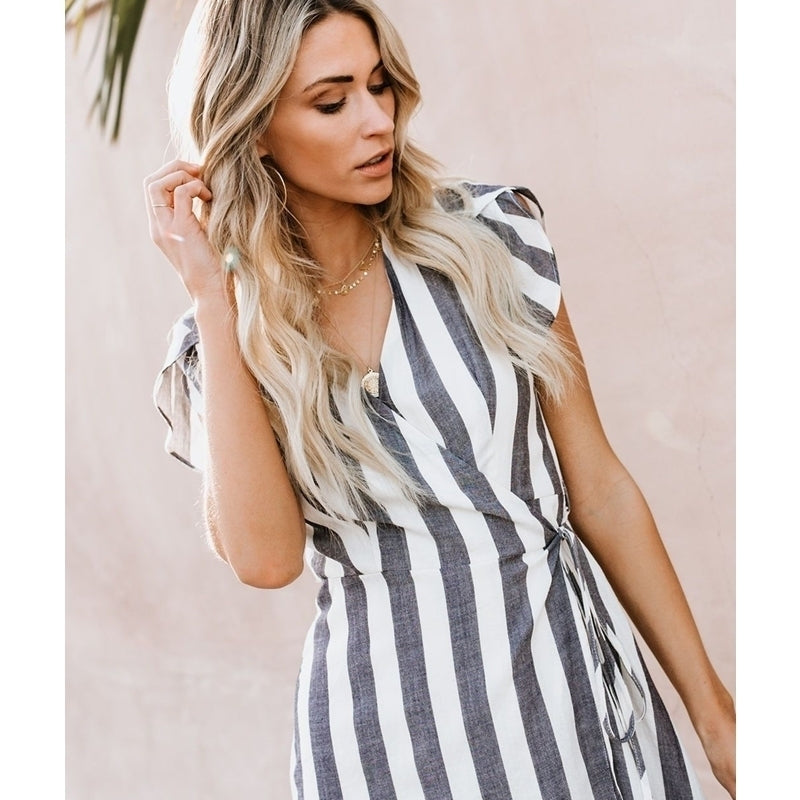 Womens Striped Long V-neck Dress Image 7