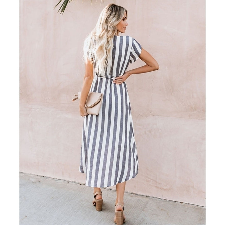 Womens Striped Long V-neck Dress Image 8