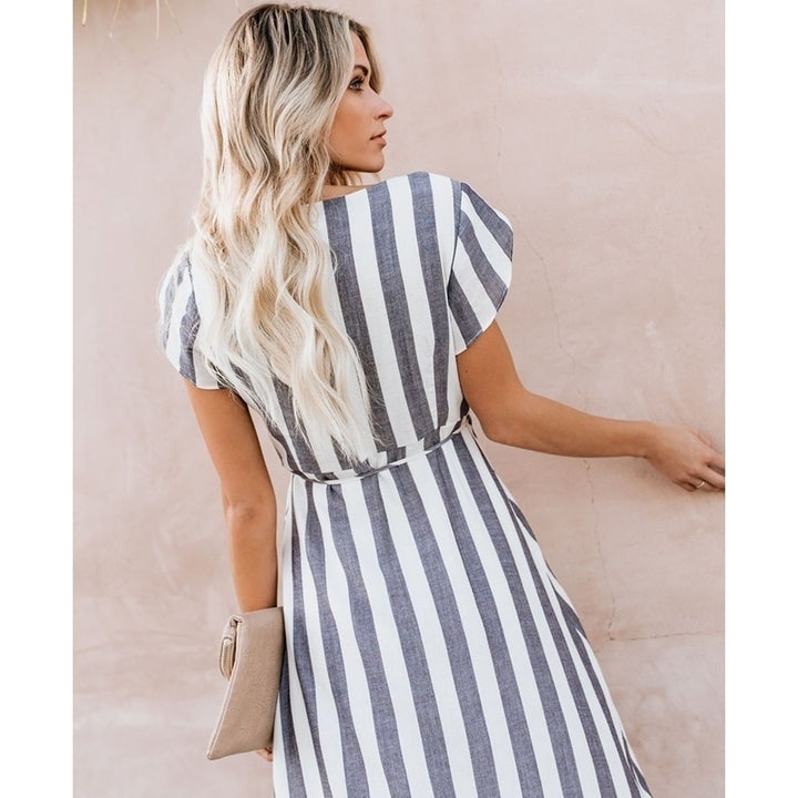 Womens Striped Long V-neck Dress Image 9