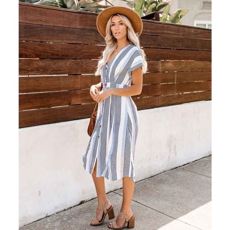 Womens Button Striped Dress Image 2