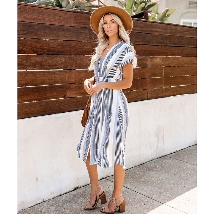 Womens Button Striped Dress Image 2