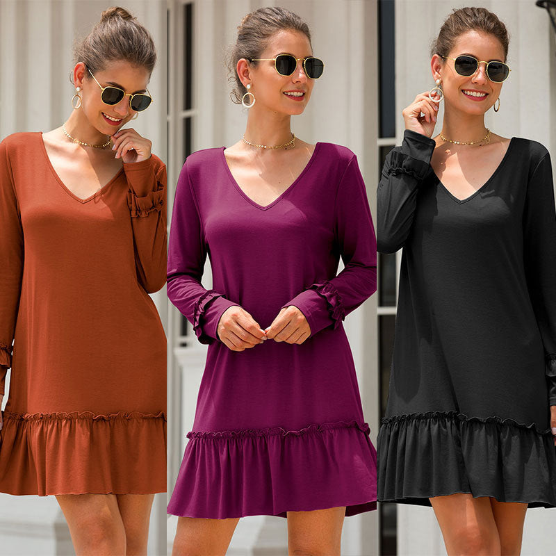 Womens V-Neck Ruffled Panel Dress Image 1