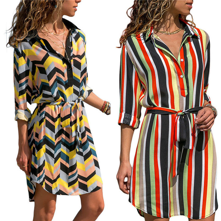 Womens V-Neck Tie Shirt Dress Image 1