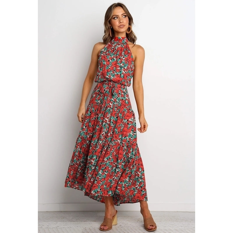 Feminine Long Neck Print Long Dress Image 4