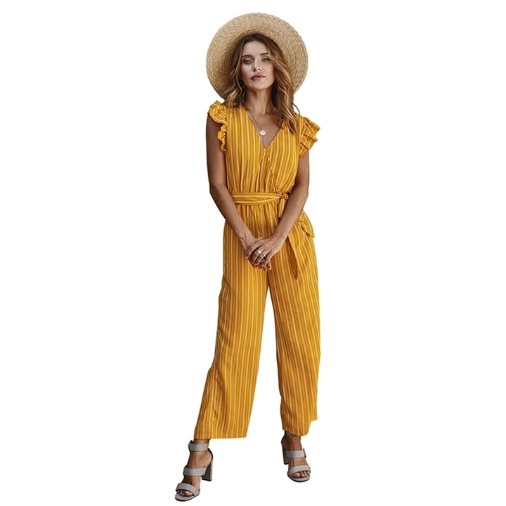 Womens Striped Jumpsuit Ruffle Sleeves Image 3