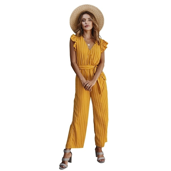 Womens Striped Jumpsuit Ruffle Sleeves Image 1