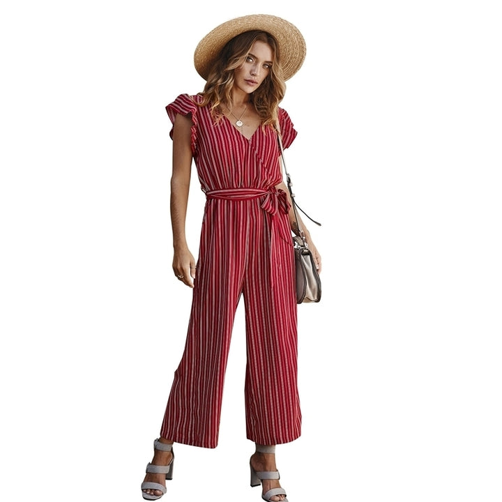 Womens Striped Jumpsuit Ruffle Sleeves Image 4