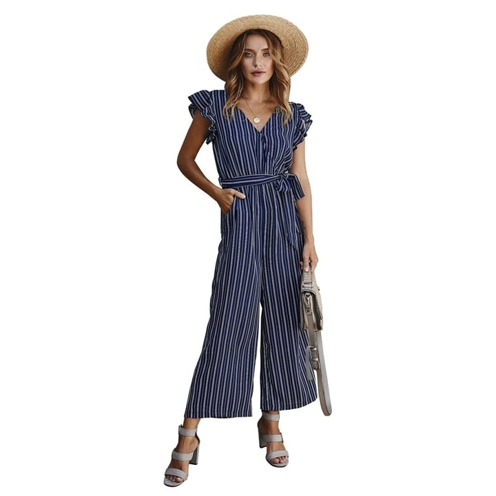 Womens Striped Jumpsuit Ruffle Sleeves Image 1