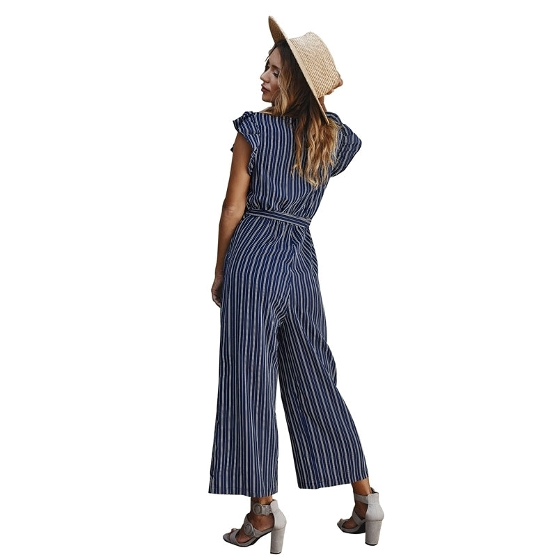 Womens Striped Jumpsuit Ruffle Sleeves Image 9