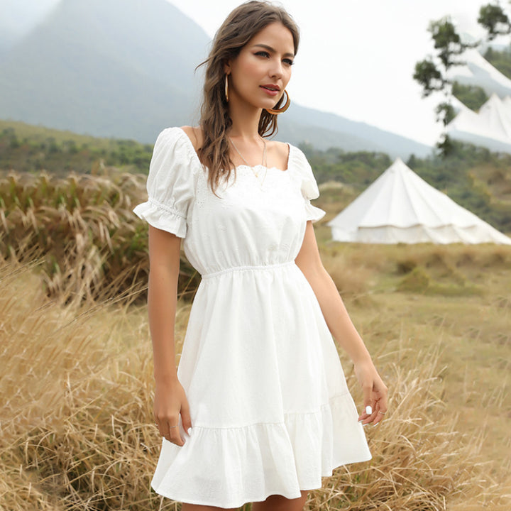 Womens One-Piece Neck Elastic Waist Dress Image 4