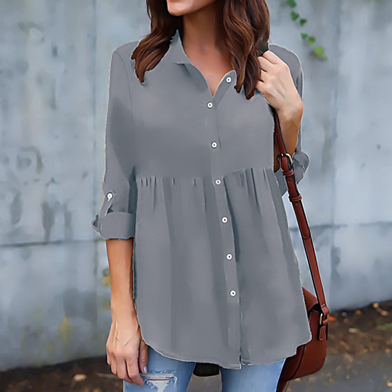 Womens Lapel Loose Chiffon Shirt (S-5XL) Image 6