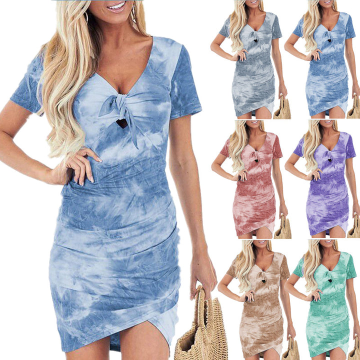 Irregular V-Neck Tie-Dye Print Dress Image 1