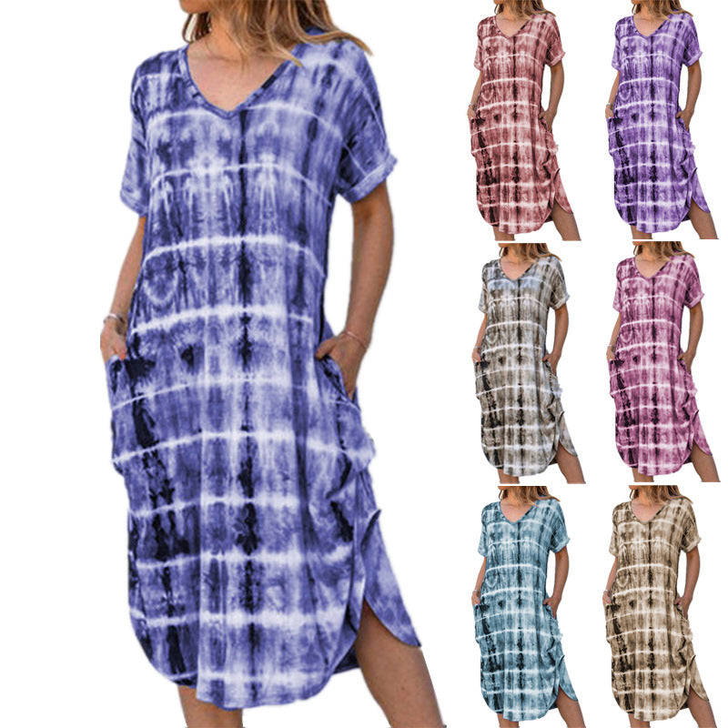 Womens V-Neck Slit Print Dress 8 Colors Image 1