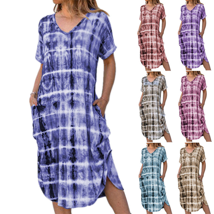 Womens V-Neck Slit Print Dress 8 Colors Image 1