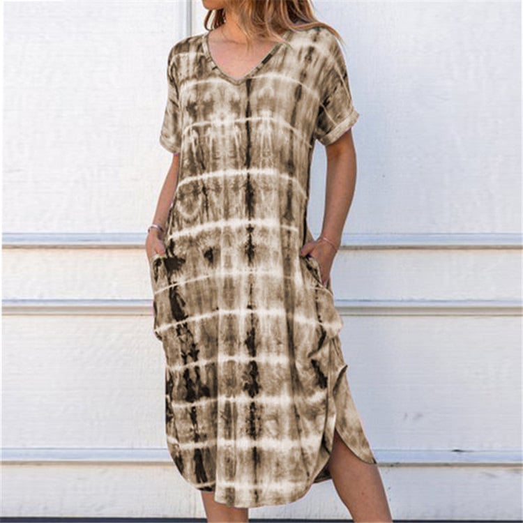 Womens V-Neck Slit Print Dress 8 Colors Image 3