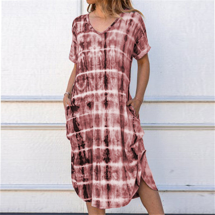 Womens V-Neck Slit Print Dress 8 Colors Image 4