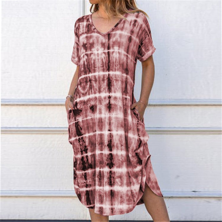 Womens V-Neck Slit Print Dress 8 Colors Image 1