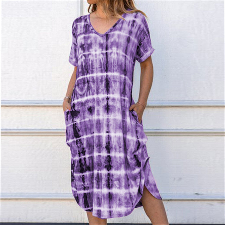 Womens V-Neck Slit Print Dress 8 Colors Image 4