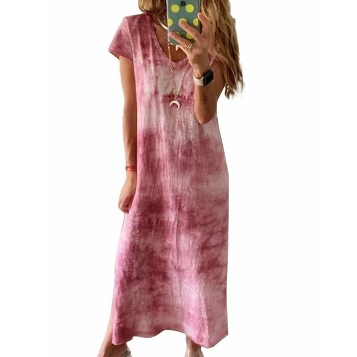 Female V-Neck Slit Print Dress 5 Colors Image 1