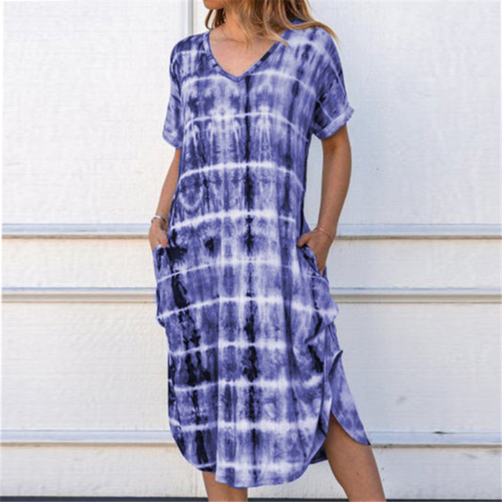 Womens V-Neck Slit Print Dress 8 Colors Image 10