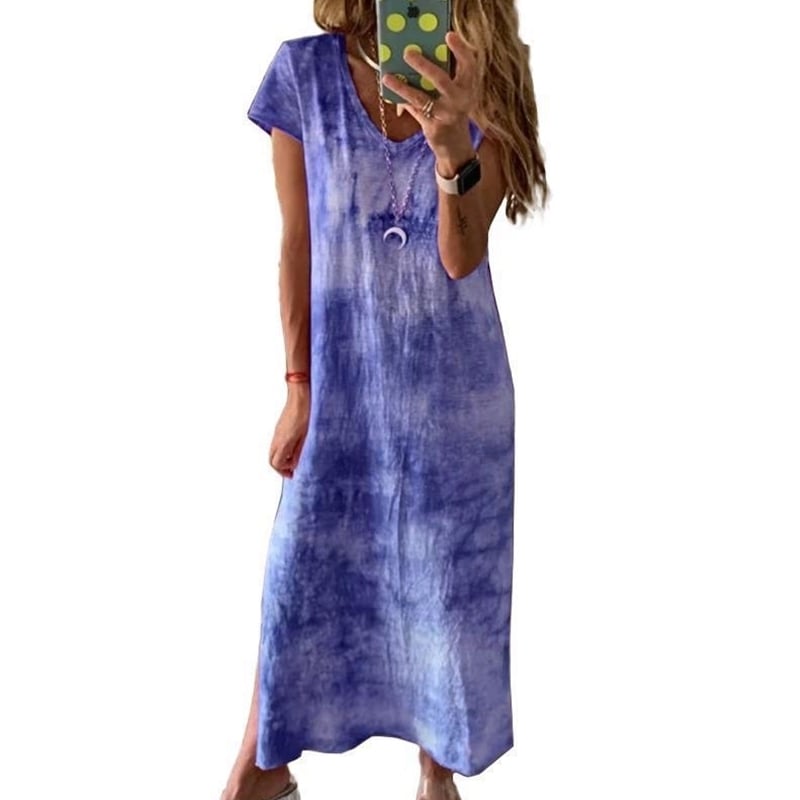 Female V-Neck Slit Print Dress 5 Colors Image 1