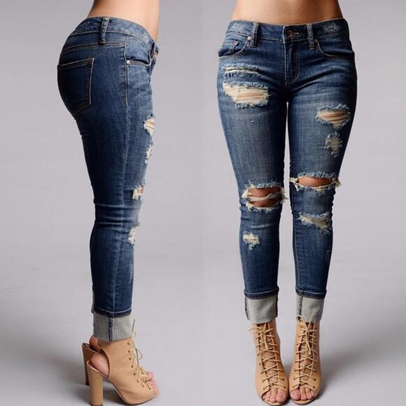 Fashionable Womens Jeans With Long Holes Image 1