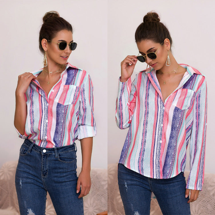 Womens Color Striped Printed Shirt Top Image 1