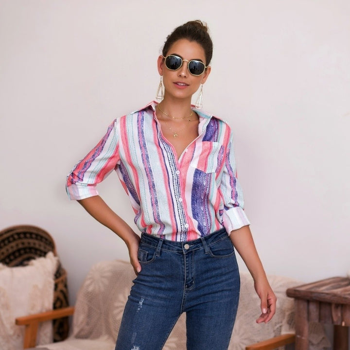 Womens Color Striped Printed Shirt Top Image 3