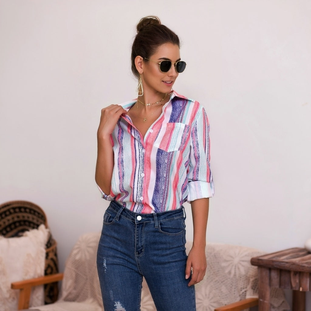 Womens Color Striped Printed Shirt Top Image 4