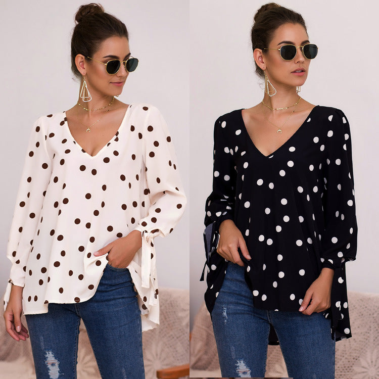 Polka Dot V-neck Long Sleeve Lace T-shirt Image 1