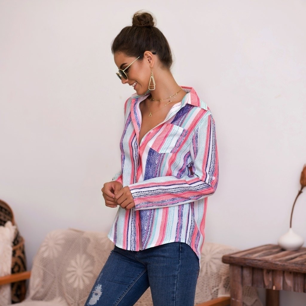 Womens Color Striped Printed Shirt Top Image 4