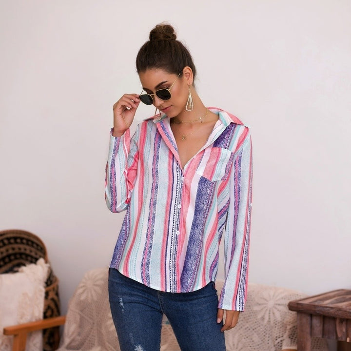 Womens Color Striped Printed Shirt Top Image 6