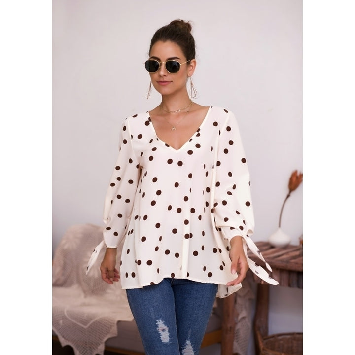 Polka Dot V-neck Long Sleeve Lace T-shirt Image 3