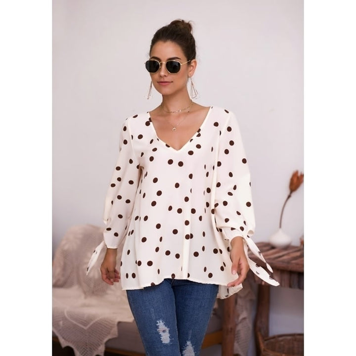 Polka Dot V-neck Long Sleeve Lace T-shirt Image 1