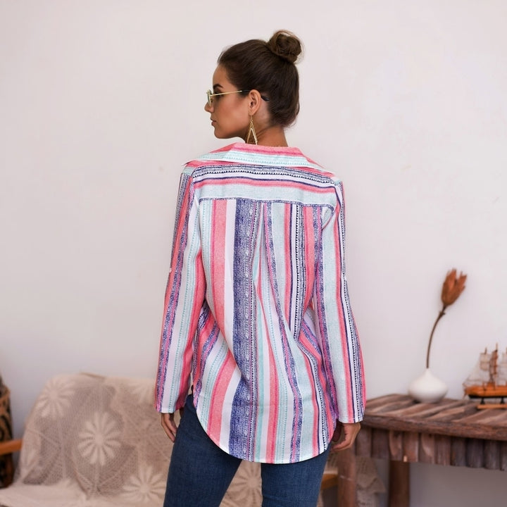 Womens Color Striped Printed Shirt Top Image 7