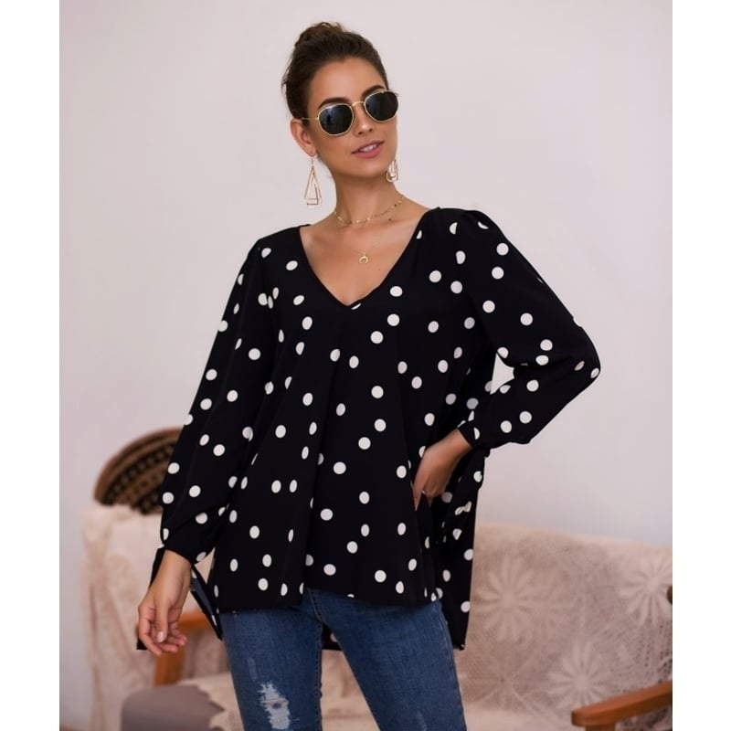 Polka Dot V-neck Long Sleeve Lace T-shirt Image 4