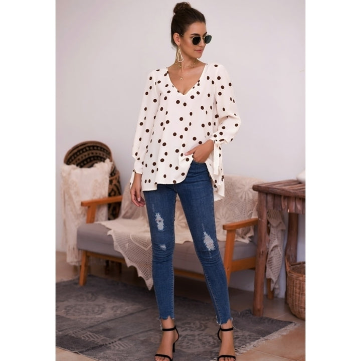 Polka Dot V-neck Long Sleeve Lace T-shirt Image 4