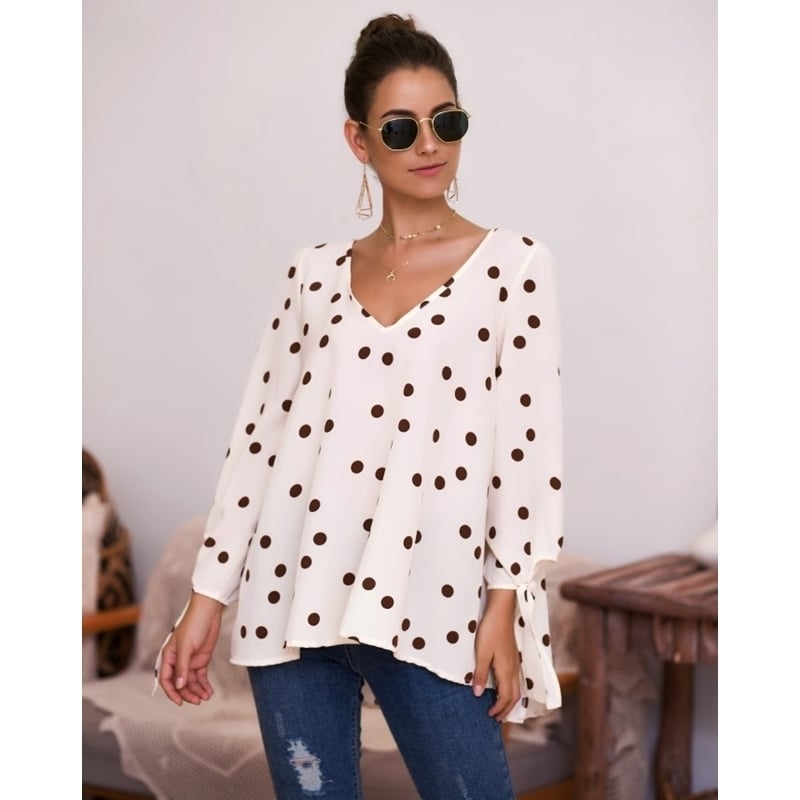 Polka Dot V-neck Long Sleeve Lace T-shirt Image 6