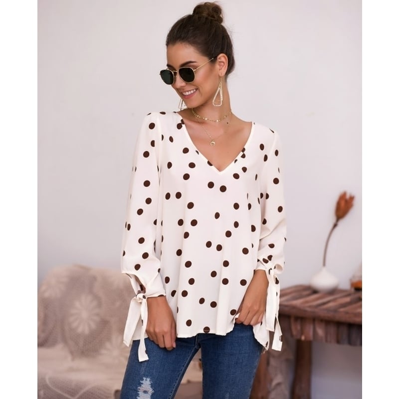 Polka Dot V-neck Long Sleeve Lace T-shirt Image 7