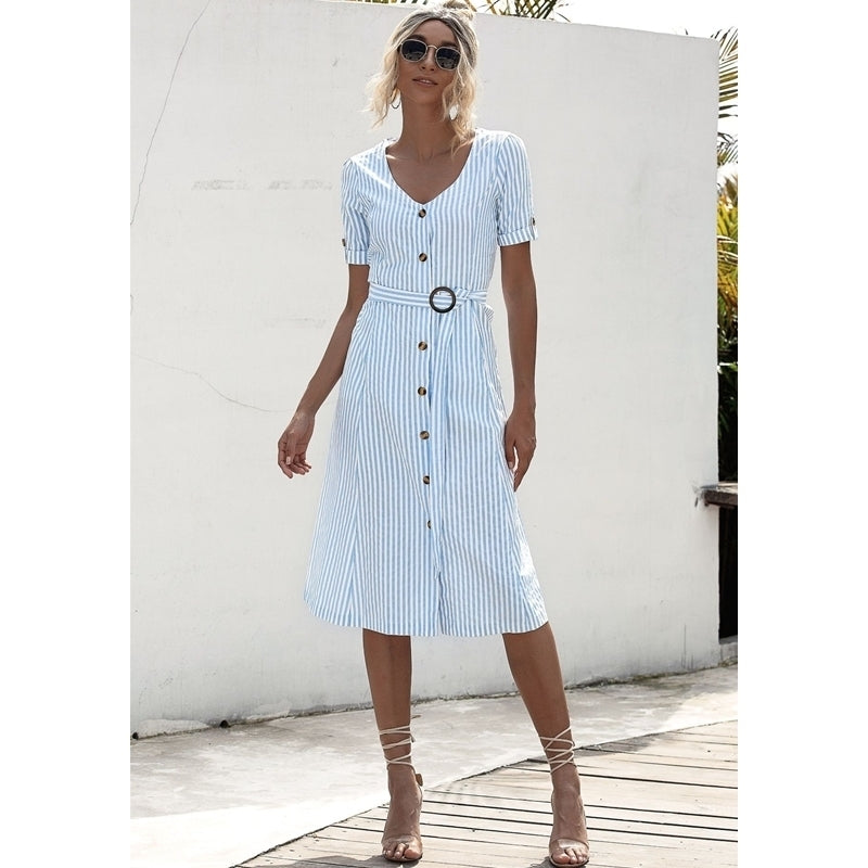 V-Neck Short Sleeve Lace Up Button Dress Image 4