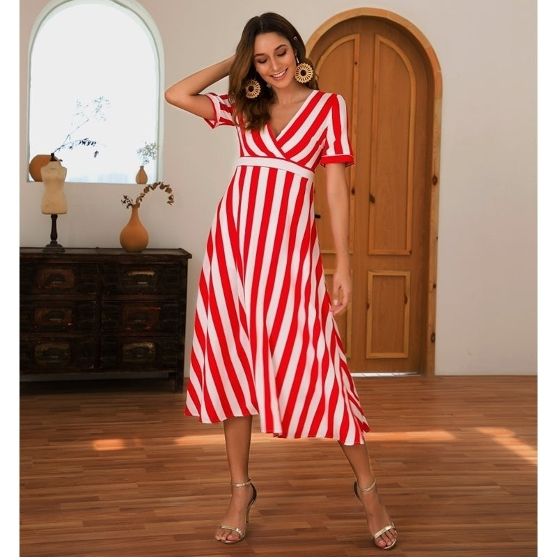 Summer Print Sexy V-Neck Stripe Dress Image 4