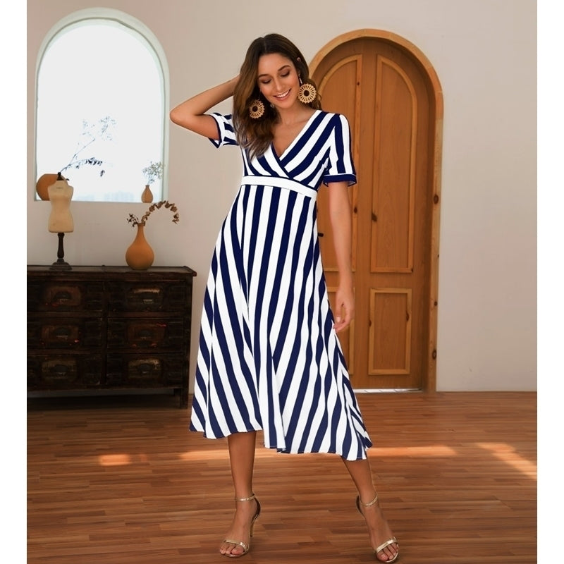 Summer Print Sexy V-Neck Stripe Dress Image 4