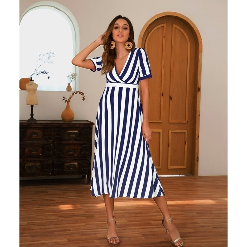 Summer Print Sexy V-Neck Stripe Dress Image 7